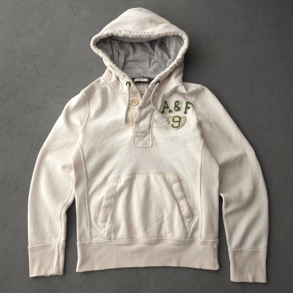 Vintage 2000s Abercrombie & Fitch Cream Hoodie Small Muscle Fit Distressed
